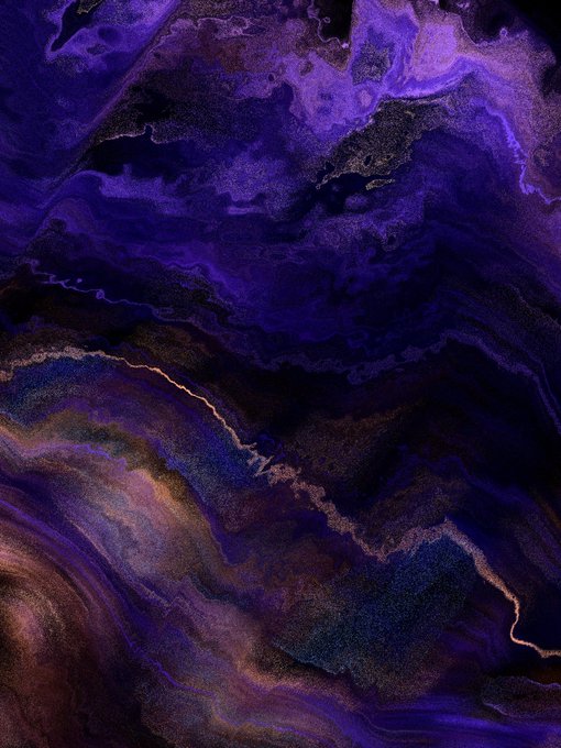 An abstract fluid art composition with swirling deep purple, violet, black, and golden-brown marbled patterns creating a cosmic, nebula-like visual effect.