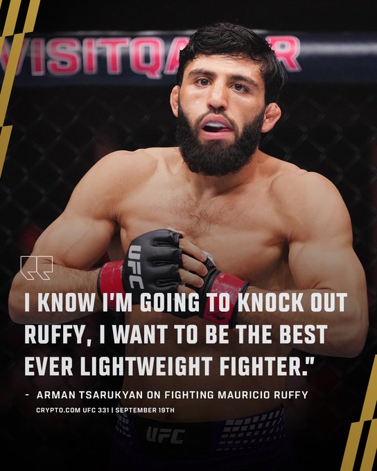 Arman Tsarukyan poses shirtless in the octagon wearing UFC gloves, with a quote declaring his intent to knock out "Ruffy" and become the greatest lightweight fighter, promoting his co-main event at UFC 331 on September 19th. The graphic, from Crypto.com, aligns with the caption emphasizing Tsarukyan's confidence heading into his bout against Mauricio Ruffy on Paramount+.