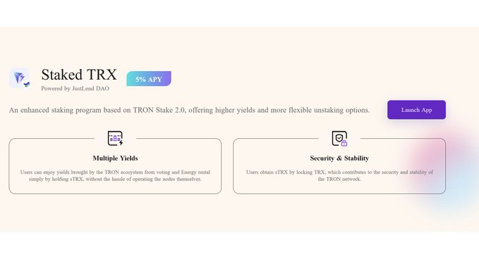 The image shows a screenshot of a website called "Staked TRX", which is an app for trading tokens. The main text on this screen states that the app has been launched, offering various features such as multiple wallet options and the ability to tap into the DAO using justLend Dao. There are also descriptions provided about how to use the app and its benefits, giving users a better understanding of what to expect when using Staked TRX.