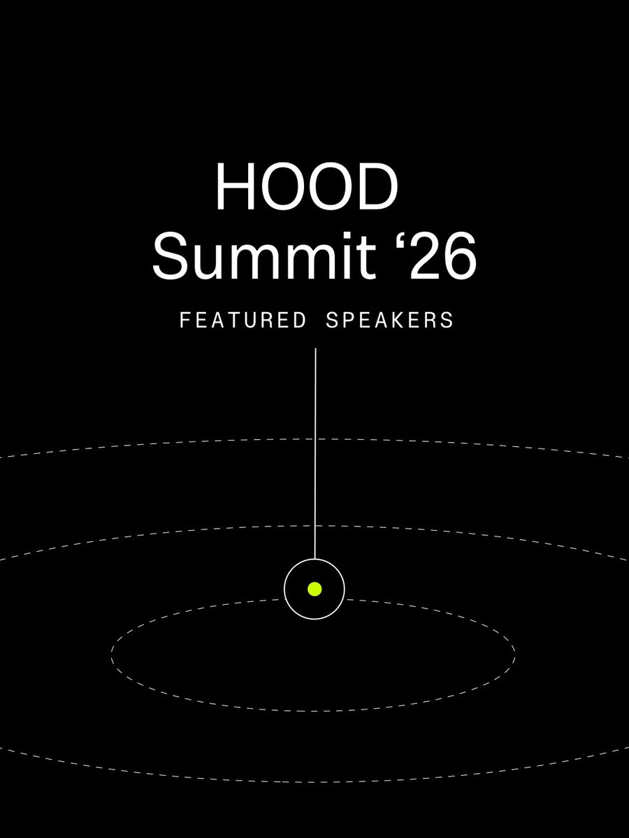 The image is a sleek black promotional graphic for the "HOOD Summit '26" — Robinhood's upcoming crypto event — featuring the title and "FEATURED SPEAKERS" in bold white sans-serif text above minimalist concentric dashed circles with a neon green dot at the center, visually echoing the post's excitement about on-chain growth at the summit and the poster's bets on $NET and $PRM as potential main-runners of the event.