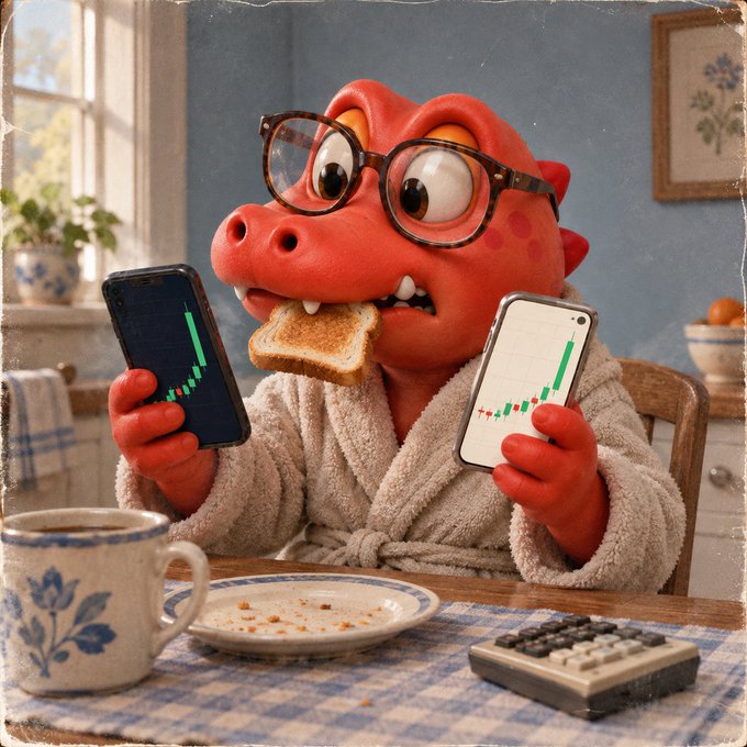 A red dragon wearing glasses and a robe holds two smartphones displaying stock charts while eating toast at a kitchen table.