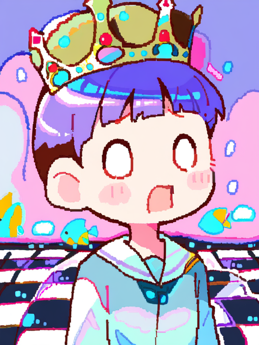 A pixel-style illustration of a surprised anime character with purple hair wearing a jeweled gold crown, set against a pastel pink and blue background with cartoon fish.