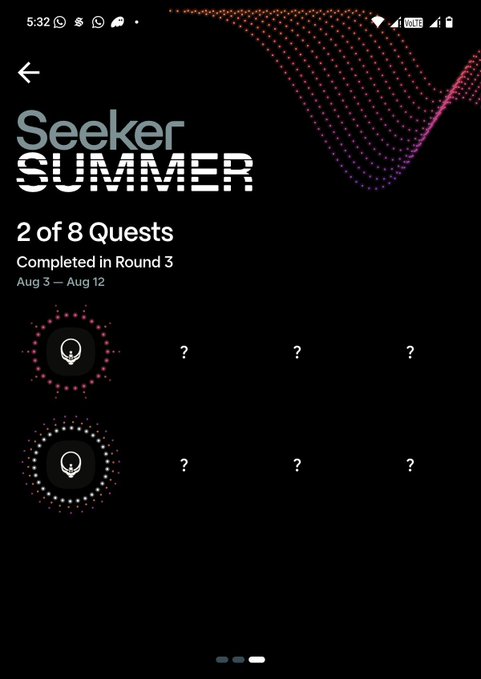 Mobile app screen showing "Seeker SUMMER" with "2 of 8 Quests Completed in Round 3" running Aug 3 – Aug 12, featuring two circular quest icons with question marks.