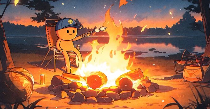 An animated scene of a yellow character wearing a smiley-face cap roasting marshmallows over a campfire by a lake at dusk.