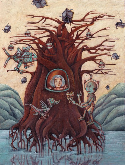 A surreal painting depicts a large, gnarled tree with exposed roots standing in water, featuring a girl looking out from a window in the trunk, a robot climbing a root, and various mechanical birds and hanging objects.