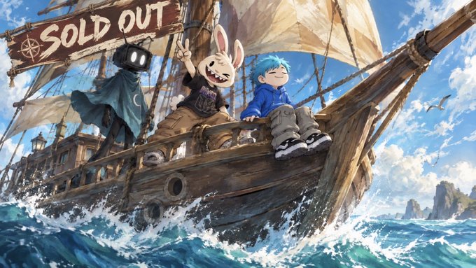 An anime-style illustration depicts characters on a wooden sailing ship with a "SOLD OUT" banner on the mast, set against a backdrop of ocean waves and a blue sky.