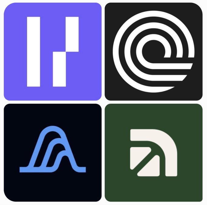 A 2x2 grid of app icons for four perpetual futures trading platforms: Hyperliquid (purple "H" logo), a black icon with a white spiral/concentric circles design, ApeX Protocol (blue mountain-like logo on dark background), and a dark green icon with an abstract white shape. The image visually represents the four Perp platforms referenced in the summary post about hedging strategies and airdrop opportunities.