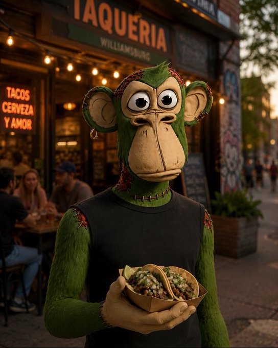 A person in a green monkey mascot costume wearing a black tank top and red bandana, holding a tray of tacos in front of a 'TAQUERIA' restaurant with neon signs reading 'TACOS CERVEZA Y AMOR' and 'WILLIAMSBURG'.