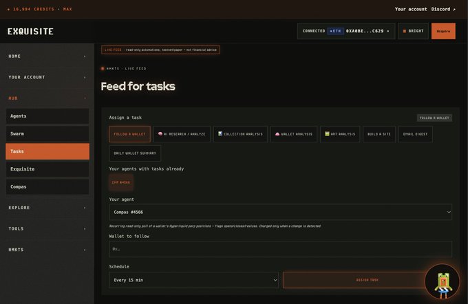 A screenshot of a dashboard called 'EXQUISITE' showing 'Feed for tasks' interface with a Discord account connected.