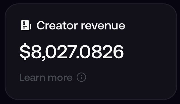 A dark dashboard card displays "Creator revenue" of **$8,027.0826** with a "Learn more" link, illustrating the impressive earnings the poster is highlighting in their tweet about FOMO creator revenue from calling out coins that go up.