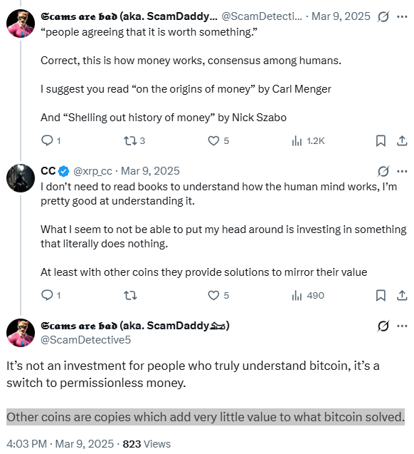 A Twitter/X exchange dated March 9, 2025 between user @ScamDetective5 and @xrp_cc discusses bitcoin's value as 'permissionless money' versus other cryptocurrencies.