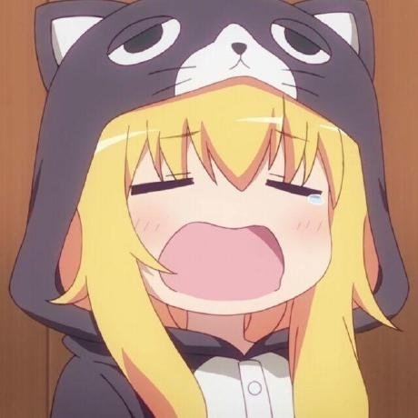 A close-up anime screenshot features a young girl with blonde hair wearing a dark grey cat-eared hoodie, her mouth wide open in an exaggerated, comedic expression.