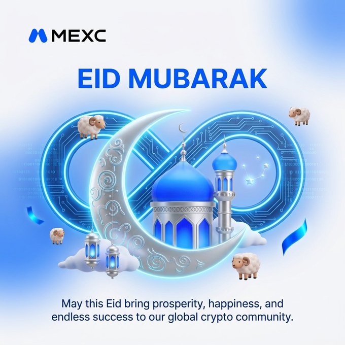 The image features a festive celebration of Eid, with a large blue moon surrounded by various objects such as sheep, lampposts, and a mosque. The caption reads "Eid Mubarak from MEXC! To celebrate Eid, we're giving away rewards to our community!" This suggests that the image is promoting an event or cause related to the Islamic holiday of Eid al-Fitr, which marks the end of Ramadan. The post encourages people to join in and share their experiences with others by replying with a creative and funny caption about the image.
