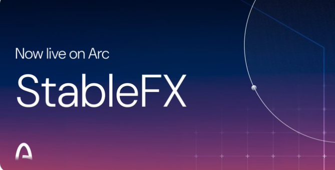 A dark blue and purple graphic with the text 'Now live on Arc' and 'StableFX' in large white letters.
