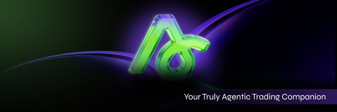 A dark promotional banner featuring a glowing green stylized 'A6' logo with the tagline 'Your Truly Agentic Trading Companion'.