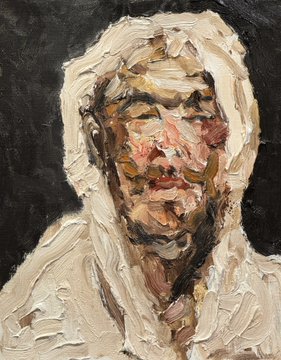 An impressionistic oil painting portrait of a bearded man wearing a white head covering, rendered with thick, textured brushstrokes.
