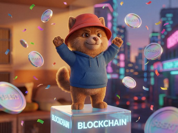 A digital illustration of a cartoon cat wearing a red bucket hat and blue hoodie, standing on a glowing pedestal labeled 'BLOCKCHAIN' amid floating coins and confetti with a neon city backdrop.