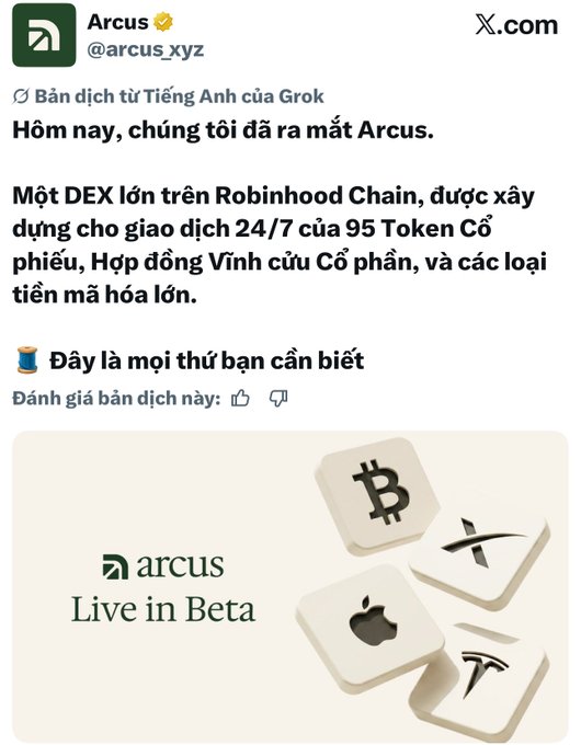 X.com (Twitter) post from @arcus_xyz announcing the launch of Arcus, a DEX on Robinhood Chain for 24/7 trading of 95 stock tokens, perpetual stock contracts, and major cryptocurrencies, shown as 'Live in Beta' with Apple, Bitcoin, XRP, and Tesla logo tiles.