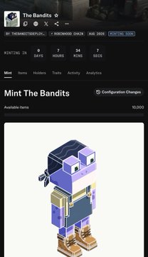 A screenshot of the Rarible NFT marketplace showing the item 'The Bandits' from the 'Thegame3official' collection, displaying a blocky, purple and blue character figure.