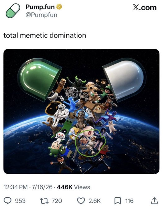 A screenshot of an X (Twitter) post by Pump.fun (@Pumpfun) captioned 'total memetic domination', showing a meme image of various Pump.fun mascots and figures emerging from green and white pills above Earth, posted at 12:34 PM on 7/16/26 with 446K views.