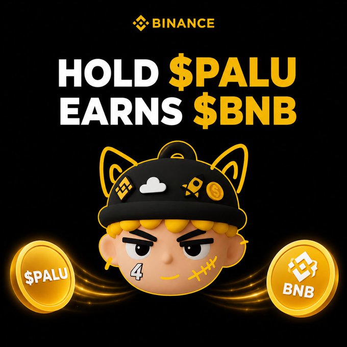 A Binance promotional graphic features a yellow cat-eared mascot character wearing a black cap adorned with Binance, BNB, and rocket icons, flanked by gold "$PALU" and "BNB" coins. The bold text reads "HOLD $PALU EARNS $BNB," aligning with the post's message highlighting $PALU's earning potential paired with the Flap.sh ecosystem.