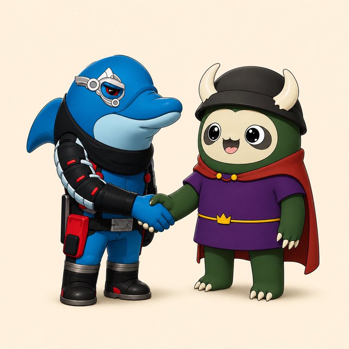 A 3D-rendered cartoon image showing a blue dolphin-like character in futuristic armor shaking hands with a green, horned character wearing a purple tunic and red cape.