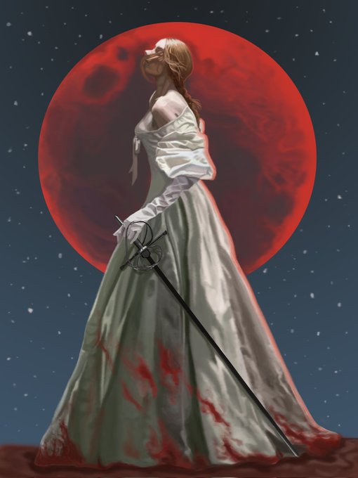 Digital artwork of a woman in a flowing white dress holding a sword, standing in front of a large red moon against a starry night sky.
