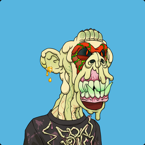 A cartoon grotesque character with a distorted face, red eyes, large gnashing teeth, and a golden earring, wearing a black shirt with graffiti-style writing.