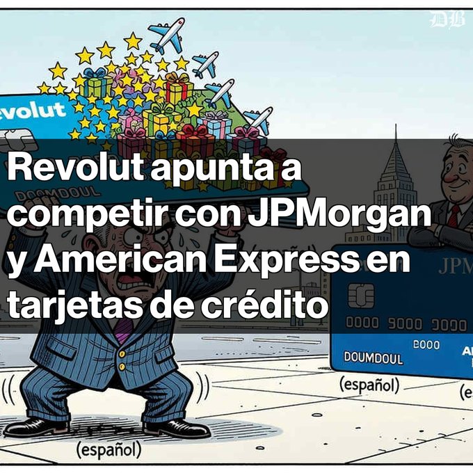 An illustrated graphic with Spanish text reading 'Revolut apunta a competir con JPMorgan y American Express en tarjetas de crédito', showing a cartoon businessman struggling to carry a massive stack of gifts and planes, with Revolut and JPM credit cards depicted.