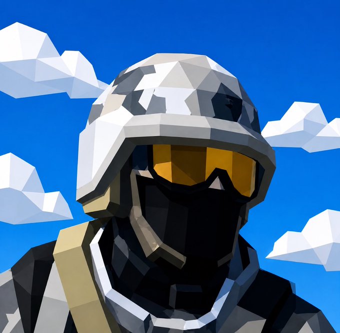A low-poly digital artwork of a soldier wearing a white helmet with yellow-tinted goggles, a black face mask, and tactical gear, set against a bright blue sky with geometric white clouds. The image ties to the post's gaming thesis, visually evoking the FPS (first-person shooter) genre—like Call of Duty—while also symbolically representing the "bagworker" grind ethic of the @fragsonSOL developer being praised.