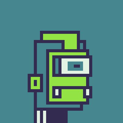 A pixel art illustration of a character wearing what appears to be a green helmet or headgear with a visor, against a teal background.
