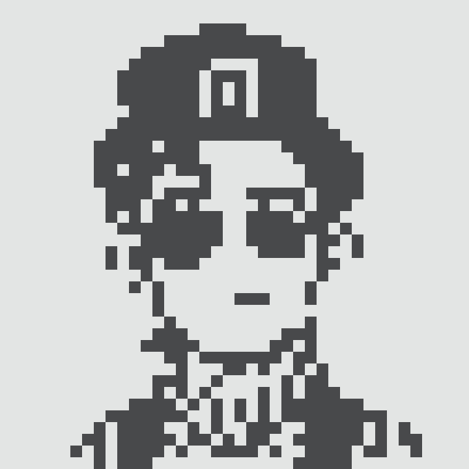 A minimalist pixel art portrait of a person with curly hair wearing a cap, rendered in dark navy blue against a white background.
