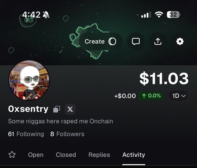 A mobile app screenshot showing a profile named 'Oxsentry' with an alien avatar, displaying a balance of $11.03 (+$0.00, 0.0%) and the bio 'Some niggas here raped me Onchain' with 61 Following and 8 Followers.