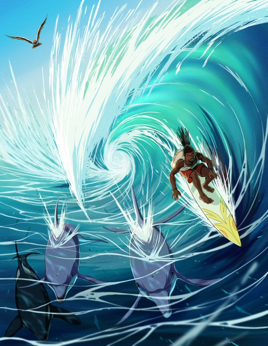 A vibrant illustration of a young Polynesian surfer riding inside the barrel of a massive curling turquoise wave, accompanied by dolphins and seabirds.
