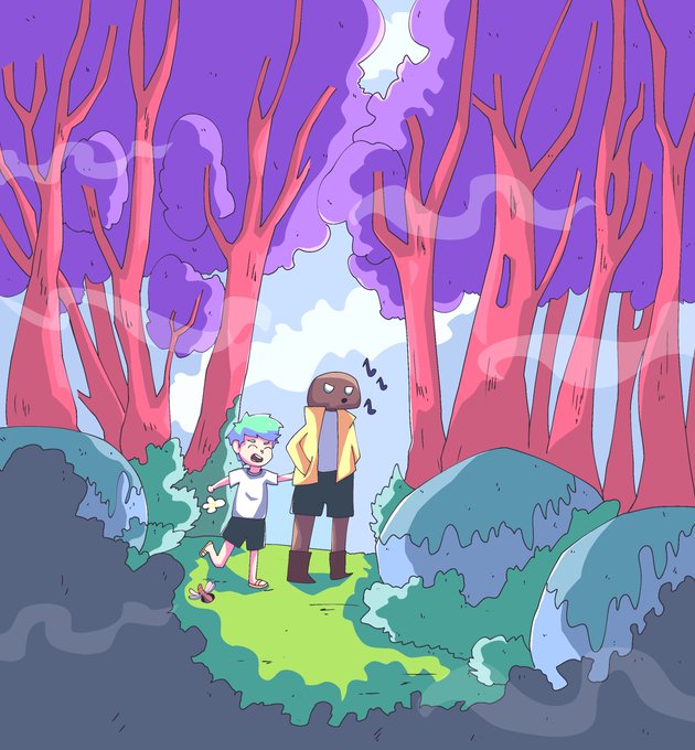 A colorful cartoon illustration of a green-haired child and a brown-headed figure standing on a green path surrounded by pink trees and blue bushes.