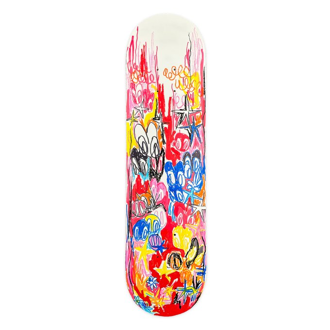 A vertically oriented skateboard deck featuring colorful graffiti-style artwork in red, pink, yellow, and blue with abstract faces, stars, and the words 'all good' and 'love' painted in a vibrant street art style.