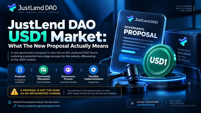 A promotional graphic for 'JustLend DAO USD1 Market' explaining a new governance proposal for orderly USD1 market onboarding, outlining a four-step process: Proposal, Community Discussion, Governance Process, and Possible Implementation.