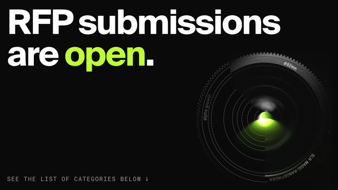 A black promotional banner displays 'RFP submissions are open.' in white and green text next to a camera lens, with 'SEE THE LIST OF CATEGORIES BELOW ↓' at the bottom.