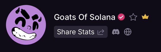 A Discord-like profile banner for 'Goats Of Solana' featuring a purple circular logo of an angry goat face, with verification badges and a 'Share Stats' button.