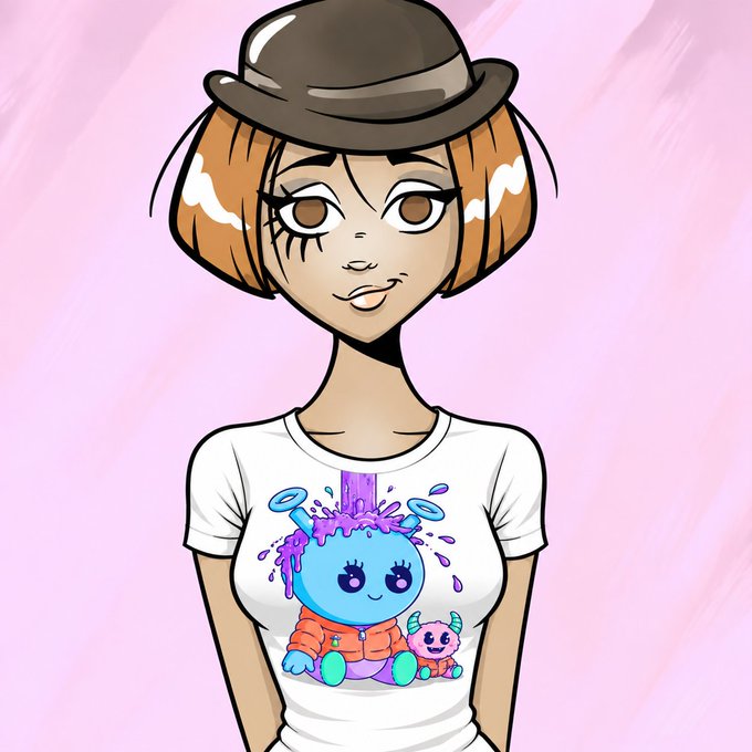 A cartoon-style digital illustration features a stylized woman with an elongated neck, large brown eyes, and a bob haircut with orange and white highlights, wearing a brown bowler hat and a white t-shirt displaying a colorful, cute blue alien-like character with a purple splash design alongside a smaller pink companion, set against a soft pink background, likely representing a MetaVixen NFT artwork tied to the QuirkiesNFT collection as referenced in the caption "Not for sale or trade."