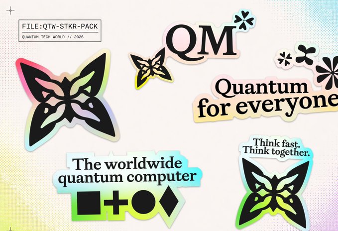 A colorful graphic featuring stylized butterflies and quantum-themed stickers displays the file label "QTW-STKR-PACK / QUANTUM.TECH.WORLD // 2026," with text reading "QM," "Quantum for everyone," "The worldwide quantum computer," and "Think fast. Think together." The image's "Quantum for everyone" message visually reinforces the post's theme of accessibility, echoing Quip Network's mission to lower barriers by allowing nodes to run on ordinary machines rather than specialized hardware.
