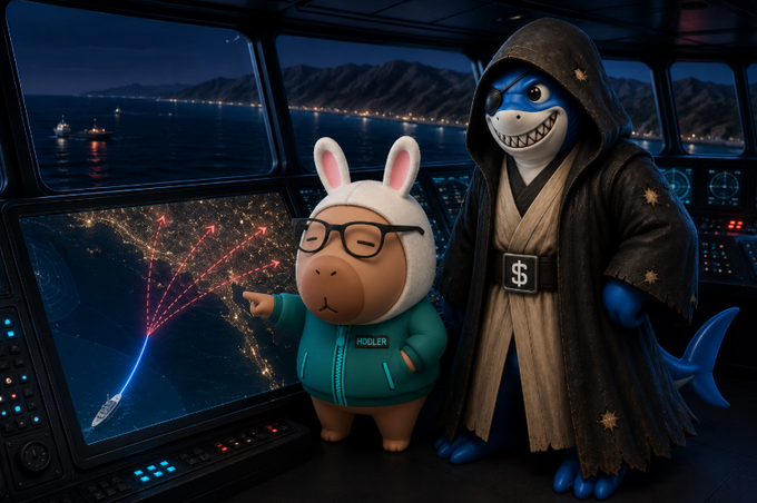 A 3D-rendered scene featuring two cartoon characters—a capybara wearing glasses and a 'HOOLER' jacket pointing at a world map display, and a shark dressed as a Jedi with a dollar sign belt buckle—inside a high-tech control room.