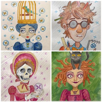 A 2x2 grid of whimsical watercolor illustrations depicting four characters: a woman with a birdcage on her head, a person with swirly glasses holding a pencil, a skeleton in a bonnet holding a crystal ball, and a red-haired figure with a black cat on her head.