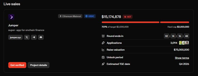 A dark-themed 'Live sales' dashboard for a project called 'Jumper' (super-app for onchain finance) showing $15,174,878 raised at 759% of a $2,000,000 target on the Ethereum Mainnet via USDC, with a hard cap of $3,000,000 and an estimated TGE date of Q4 2026.