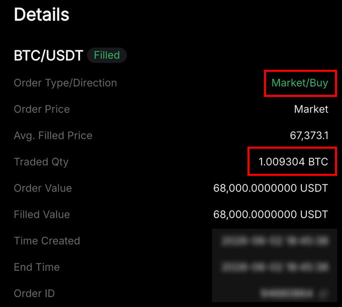 The image shows a screenshot of an online trading platform displaying details related to a market for Bitcoin (BTC). The main focus of the image is the details on the marketplace, with specific information about the number of Bitcoins being bought at $1,000,000 and other details such as the order price, filled price, and order value. A "Market/Buy" button can also be found below the main text box in the center of the screen. The overall visual appearance suggests that this is a dashboard page on the trading platform showing information related to Bitcoin transactions or a similar type of digital asset market activity.