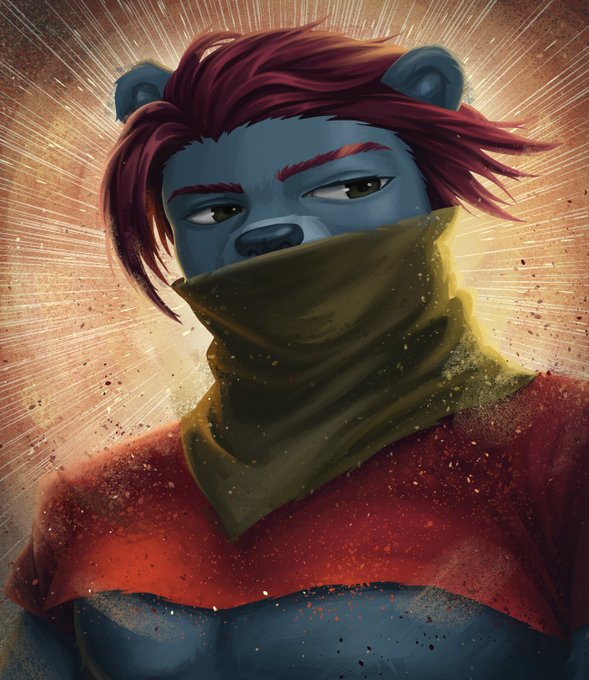 Digital illustration of a blue-skinned anthropomorphic bear character with red hair, wearing a yellow bandana covering the lower face and a red shirt, set against a radiant orange background.