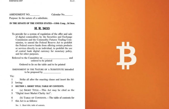 A graphic pairs the text of H.R. 3633, a bill for a 'Digital Asset Market Clarity Act,' with a large white Bitcoin logo on an orange background.