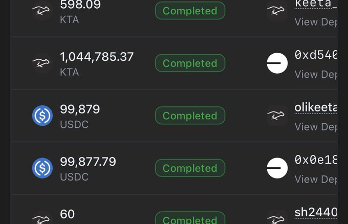 The image shows a transaction history displaying completed transfers of KTA tokens (598.09 and 1,044,785.37), USDC (99,879 and 99,877.79), and a partial transaction of 60 units, with various wallet addresses partially visible. This appears to illustrate the post's claim about Keeta's cross-chain wallet capability, demonstrating how it aggregated multiple transactions across different chains (including ERC-20 USDC and KTA) to execute an ~$88,000 transaction efficiently.
