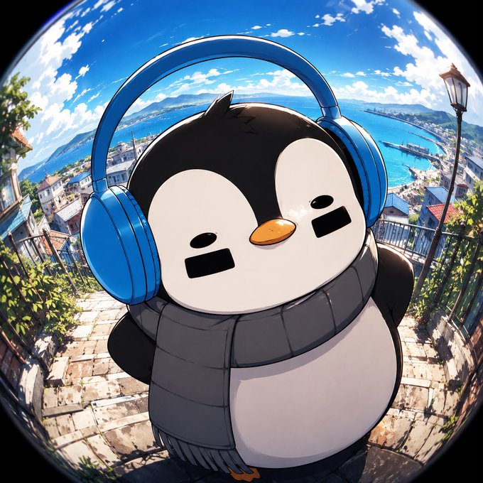 A digitally rendered, stylized penguin character wearing blue headphones and a gray scarf stands in a fisheye-lens perspective, with a coastal town, harbor, and blue sky in the background.