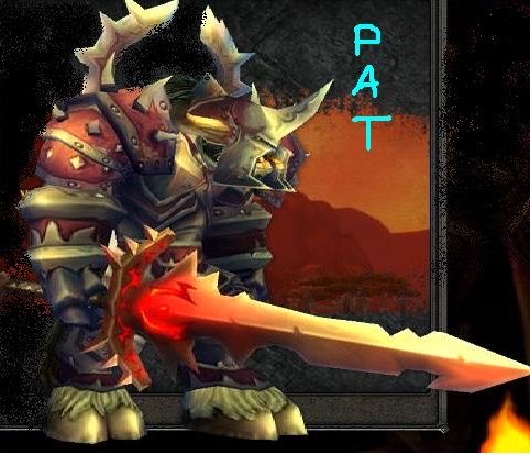 A fantasy illustration of a fearsome horned warrior in spiked red armor wielding a large jagged sword, with the name 'PAT' displayed vertically in cyan letters on the right.
